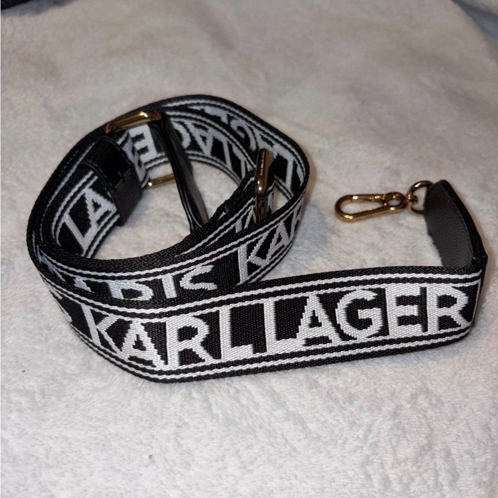 Karl Lagerfeld Black and White Logo Strap with Gold Hardware